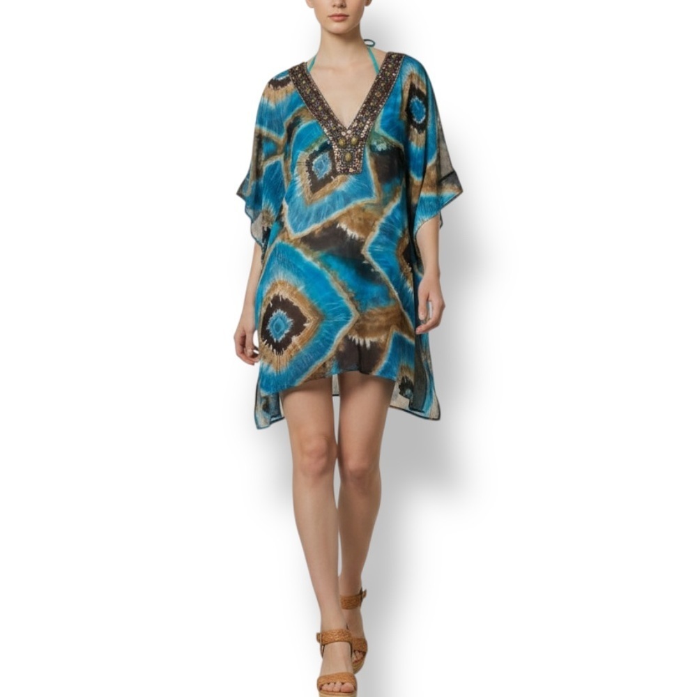 4/$20 Nikibiki Beaded V Neck Abstract Print Sheer Swim Coverup Size Small